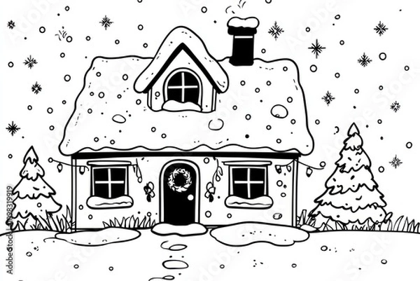 Fototapeta Simple cartoon-style black and white line drawing of a cozy cottage with a snow-covered roof, decorated with holiday lights and a wreath on the door. Snowflakes are falling