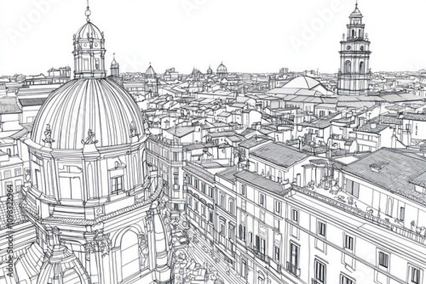 Fototapeta a coloring book page of the top view of an italian city with buildings and church domes. It's black-and-white line art illustration, thick lines, no shading, clean background, flat design style