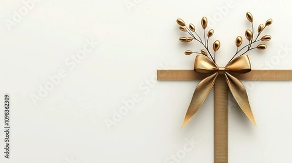 Fototapeta Golden Bow with Long Ribbon Isolated on White Background - Holiday Decoration Vector Illustration