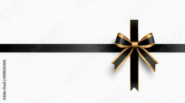 Fototapeta Golden Bow with Long Ribbon Isolated on White Background - Holiday Decoration Vector Illustration