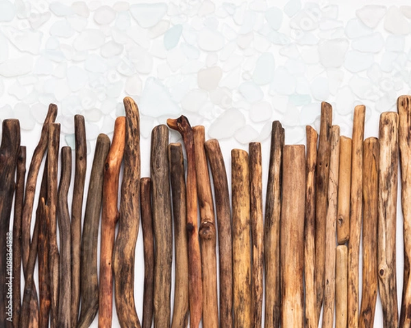 Fototapeta Driftwood sticks arranged in a gradient from dark to light on a white background, scattered with sea glass. A natural and textured composition showcasing craftsmanship and balance in simplicity