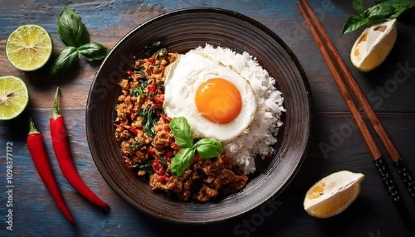 Fototapeta Delicious pad kaprao moo kai dao with stir fried minced pork and fried egg served on rice. Generative AI