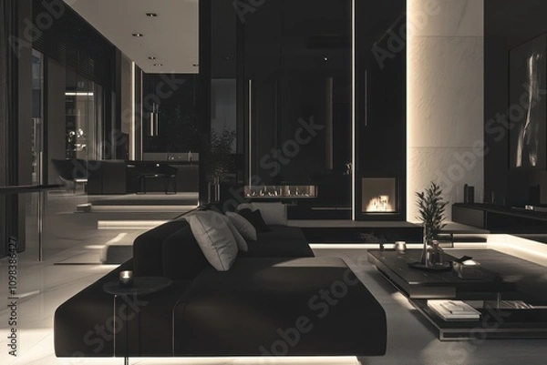 Obraz Sleek and sophisticated living room with a monochromatic black and white theme, featuring designer furniture and high-end finishes.