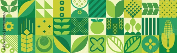 Obraz Agricultural geometric mosaic with a seamless pattern and abstract shapes featuring organic, eco-friendly plant-based farm products.