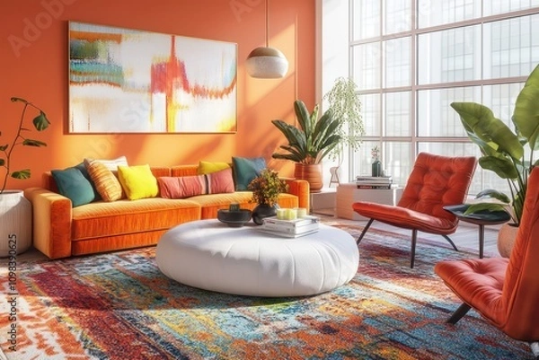 Obraz Vibrant and colorful modern living room with a mix of mid-century and contemporary furniture, bright textiles, and a large, plush area rug.