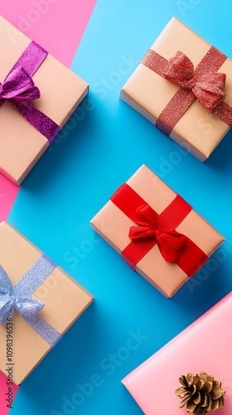 Fototapeta Gift boxes on color background, flat lay