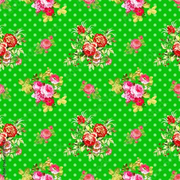 Obraz roses with green polka dot pattern, seamless texture background