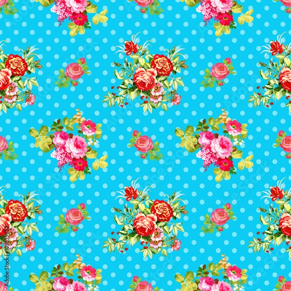 Obraz roses with blue polka dot pattern, seamless texture background