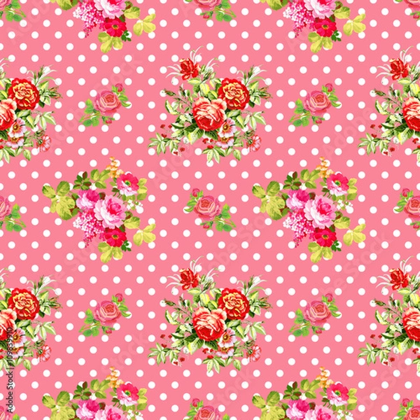 Obraz roses with pink polka dot pattern, seamless texture background