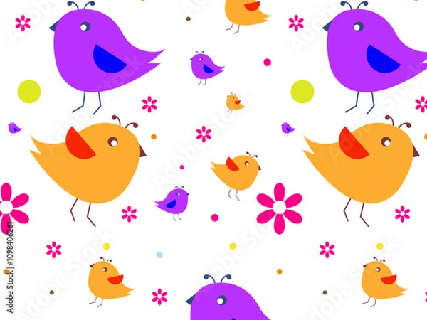 Fototapeta Abstract hand-drawn bird with flower background pattern