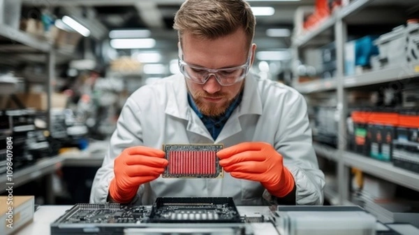 Fototapeta Advancements in micro micro computer chip technology a scientist examines a tiny chip in the lab, exploring the future of computing