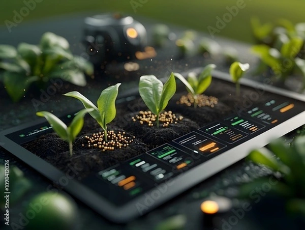 Obraz Precision farming with data driven insights and smart agricultural technologies  A thriving corn field dotted with emerging seedlings an array of sensors and digital information displays