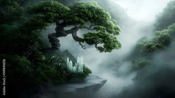 Fototapeta Captivating Primordial Alien World with Lush Vegetation Twisted Ancient Trees and Shimmering Crystal like Formations Rendered in a Subtle Watercolor Inspired Palette