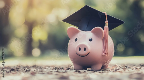 Obraz Education Savings Concept: Piggy Bank with Graduation Cap for College Funds and Financial Planning Ideas