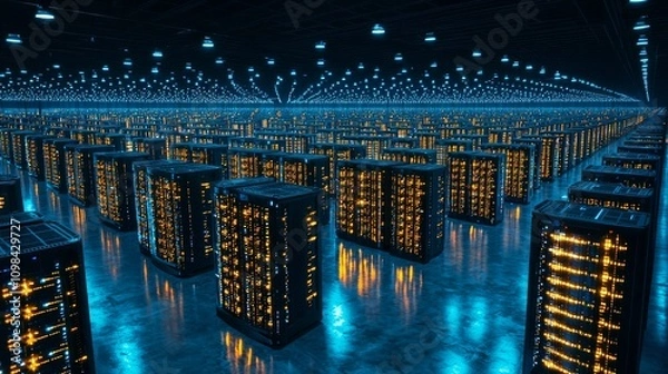Fototapeta A vast, futuristic data center filled with illuminated server racks, showcasing technology and innovation in a high-tech environment.