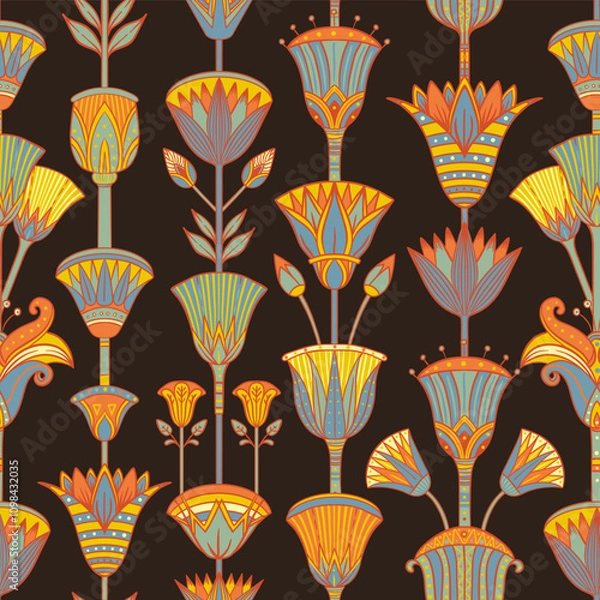 Fototapeta Seamless vector pattern of ancient Egyptian lotus flower. Repeating background. Retro hand drawn vector repeating illustration in earthy colors.