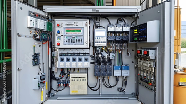 Fototapeta Industrial Control Panel, Complex Electrical System with Wiring and Components