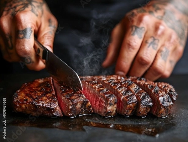Fototapeta Tattooed Hands of a Chef Slicing a Medium-Rare Steak, Showcasing the Meat’s Texture and Juices
