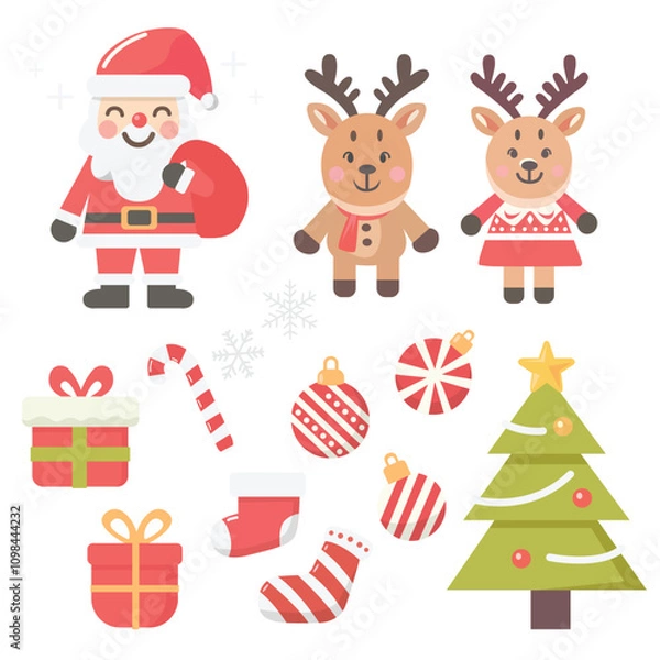 Fototapeta Christmas Elements Set Christmas Set Christmas icons including Santa, reindeer, snow, gift ornaments and other holiday elements. Vector illustration.