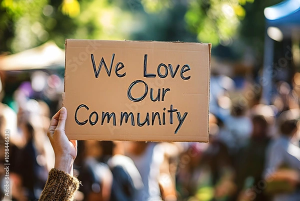 Obraz A lively gathering shows someone with a sign expressing love for community and togetherness