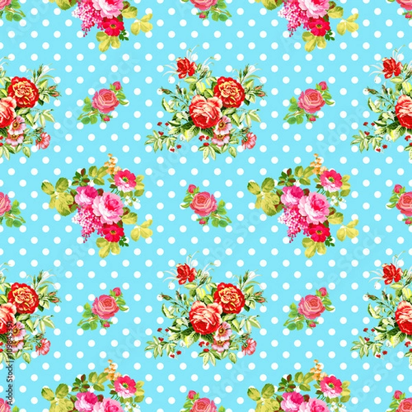 Obraz roses with light blue polka dot pattern, seamless texture background