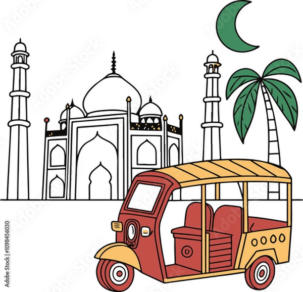 Fototapeta Beautiful cartoon Pakistan auto rickshaw Icon vector on white background, auto rickshaw