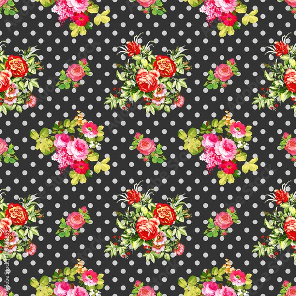 Obraz roses with black polka dot pattern, seamless texture background