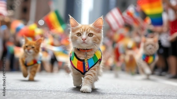 Fototapeta Adorable Ginger Cats Marching with Pride in Rainbow Harnesses During a Vibrant Parade in an Urban Setting Filled with Colorful Flags and Joyous Energy