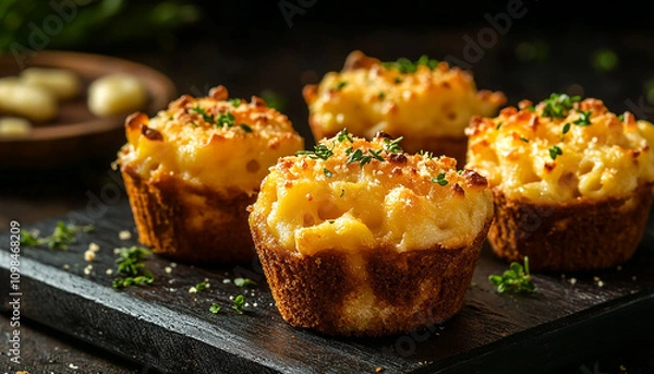 Fototapeta Cheesy macaroni muffins on dark table, melted cheese on muffins generated.AI