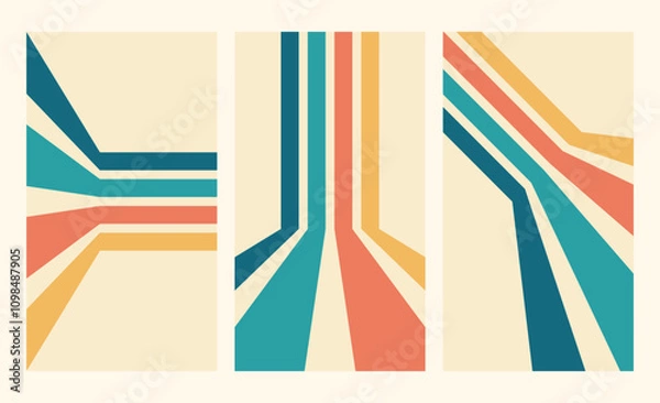 Obraz Retro lines vertical background set. Vintage path wallpaper. Colorful perspective stripes vector design.