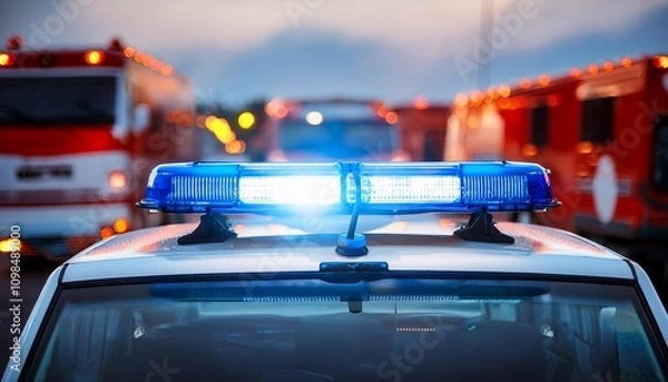 Fototapeta close up of blue light flasher on roof of ambulance car of emergency medical service on road against fire engines themes rescue accidents and disasters