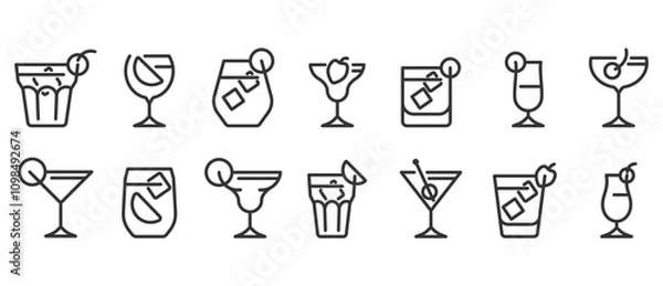 Obraz Drink glass icons of various shapes and uses. Classic alcoholic cocktail and cocktail glass thin line icon set. Vector illustration. Collection of symbols in transparent background. Editable stroke.