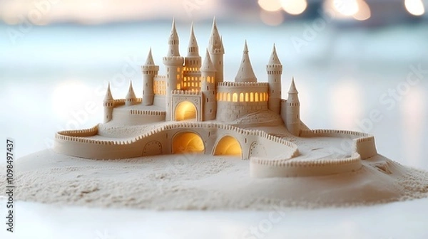 Fototapeta The sand castle sculpture is a magnificent and intricate creation, featuring intricate details such as turrets, bridges
