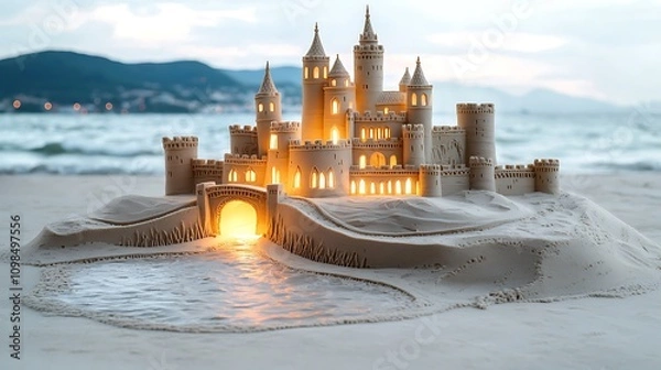 Fototapeta The sand castle sculpture is a magnificent and intricate creation, featuring intricate details such as turrets, bridges