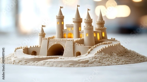 Fototapeta The sand castle sculpture is a magnificent and intricate creation, featuring intricate details such as turrets, bridges