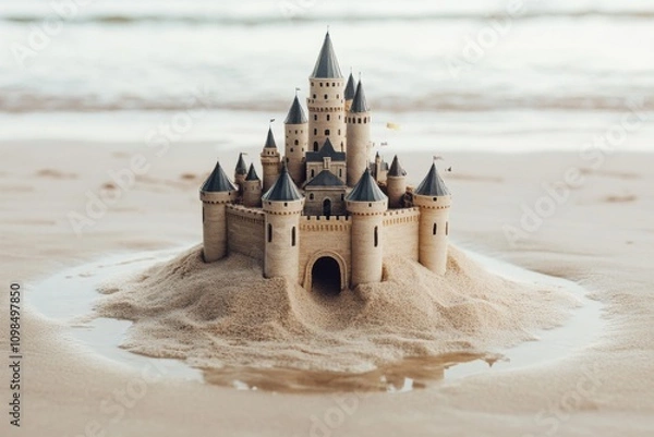 Fototapeta Sand castle built on the beach with towers and moats during a calm afternoon by the water