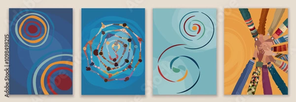 Fototapeta Volunteer multicultural people group concept. Editable set template poster banner leaflet web page. People of diverse culture in circle top view. Aid. NGO. Help and assistance. Workgroup