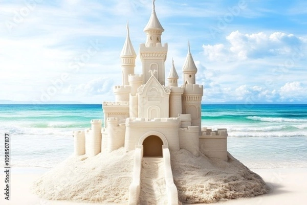 Fototapeta Sandcastle by the beach during a sunny day with ocean waves gently lapping at the shore