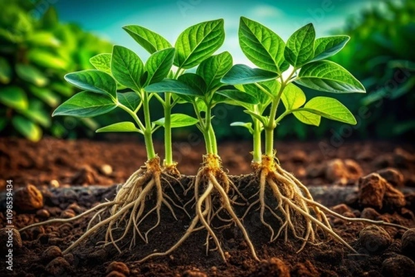 Fototapeta Green Soybean Plants Growing in Rich Soil with Exposed Roots, Showcasing Sustainable Agriculture Practices and Healthy Crop Development