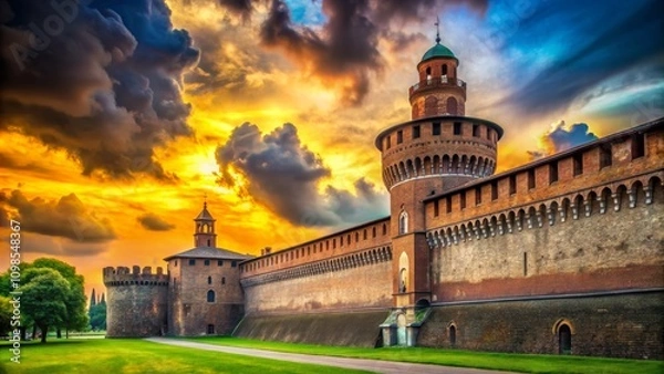 Fototapeta Serene Watercolor Illustration of Sforza Castle Outer Wall at Dusk with Majestic Skies and Lush Greenery in Vibrant Colors