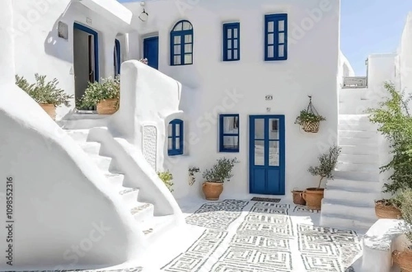 Fototapeta A traditional Greek house with white walls, blue windows and doors, decorated in the style of Mykonos.