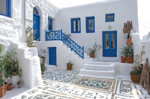 Fototapeta A traditional Greek house with white walls, blue windows and doors, decorated in the style of Mykonos.