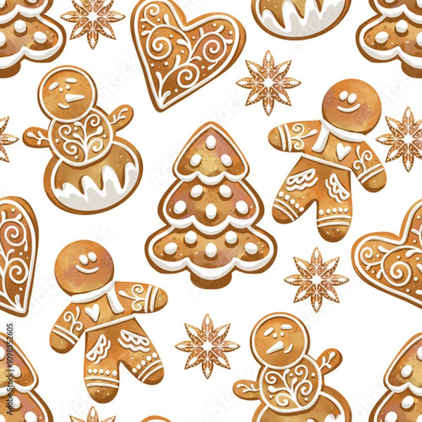 Obraz Gingerbread cookies seamless pattern design for winter holidays