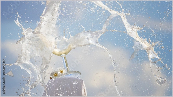 Obraz Spilled Liqueur with broken glass A high speed photograph of a glass decorated with flowers that have been shot to create the bursting effect of the Liqueur 