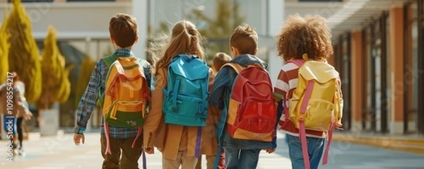 Fototapeta A group of children, viewed from behind, walk towards a school building, each carrying a backpack. The photo highlights togetherness, friendship, and the start of a school day