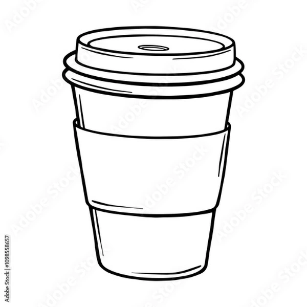 Obraz Paper cup for coffee. Coffee hot drink take away. Coffee to go outline drawing painted by black inks. Hand drawn vector illustration on white. Monochrome Outline picture. Decoration for menus