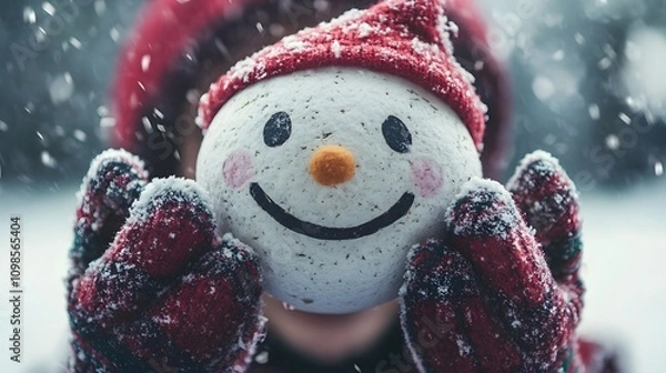 Obraz Cute snowball smiling face wearing pointed hat