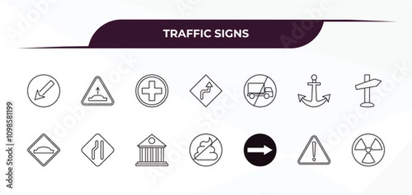 Fototapeta fully editable outline icon collection from traffic signs concept. thin line icons set such as keep left, hump, no trucks, danger, nuclear,