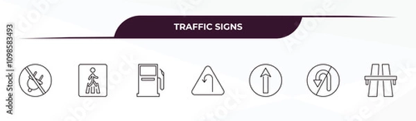 Fototapeta fully editable outline icon collection from traffic signs concept. thin line icons set such as no plug, pedestrian, gas station, no turn, motorway,