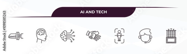 Fototapeta fully editable outline icon collection from ai and tech concept. thin line icons set such as hyperloop, brain, ai brain, personal assistant, difference engine,